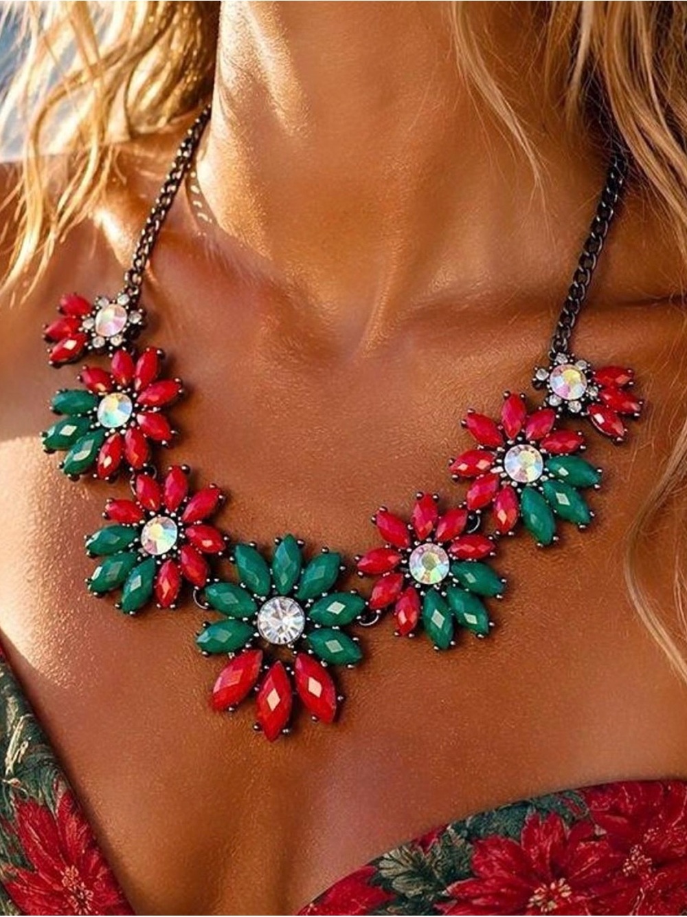 Amrita Singh Gunmetal Red & Green Flower Crystal Statement Bib Necklace
